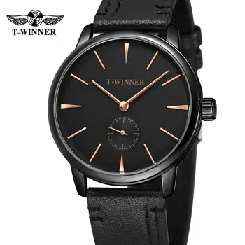 Модни прости ежедневни мъжки часовници T-WINNER, черен циферблат, скала за време от розово злато, черна кожена каишка, автоматични механични часовници