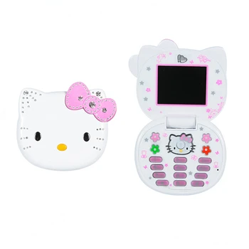 Hello Kitty Сладък Мини-Мобилен Телефон с Флип-Дизайн, Без Заключване, Детски Двухкарточный Мобилен Телефон с Подарочным Шнурком за Котешки Глави