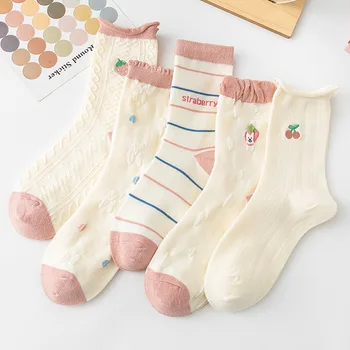 Пролетно-есенни Нови Чорапи, дамски чорапи със средна дължина, от чист памук, с плодов модел, трендови чорапи Ins, дълги Дантелени Чорапи