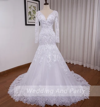 Принцеса Русалка Сватбени Рокли с дълъг ръкав Бяла Сватбена рокля лейси апликация във форма на пръчки Рокля на Булката Robe de mariage коригира