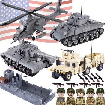 Военната Серия Танк M4 градивните елементи на WW2 САЩ M26 Брониран Автомобил, Хеликоптер Армейските Фигурки на Войници Оръжие Части на Пистолета Тухли Детски Играчки