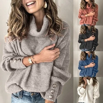 Есенно-зимни дамски Обикновена модни Пуловери свободно Намаляване с Висока Яка свободно Намаляване на