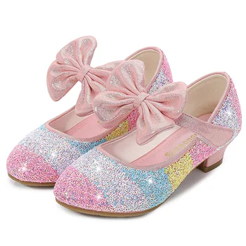 Обувки принцеси за момичета; Кожени обувки на нисък ток за Момичета; устойчива на плъзгане детски обувки с лък за малки Момичета; розови обувки на токчета