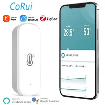 CoRui Sasha ZigBee Интелигентен Сензор за температура и влажност на въздуха, захранван с батерии ZigBee Smart Home Security Работи с Алекса Google Home