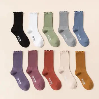Дамски чорапи 2022, Нови Модни Обикновена чорапи с Волани, Сладки Чорапи в стил на Екипажа за Момичета, Чорапи от 90% Памук, Дишащи и Удобни Дълги Чорапи