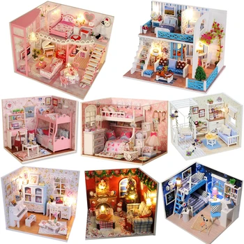 Ръчно Изработени Diy Wooden Куклена Къща Комплект Миниатюрни Мебели Led Лампа Casa Куклена Къща Играчки Roombox За Възрастни И Деца, Подаръци За Рожден Ден