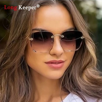Нова Реколта Модни Големи Слънчеви Очила Без Рамки, Женски Известни Луксозни Маркови Дизайнерски Секси Квадратни Големи Слънчеви Очила За Жени UV400