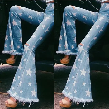 Дамски Модни Стегнати Дънки във формата на Звезда с Принтом Четката, Ластични Дънки от Деним, Сексуална Разкроена Панталони за Улицата, Реколта Панталони-клеш