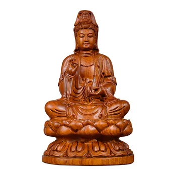 Статуята на Гуаньинь Статуетка на Буда Дърво Будизма Дърворезба На розов фон, той е дърво Статуетка на Буда Украса Начало Декор Поза Лотос Скулптура Бодхисатва