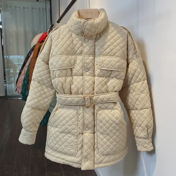 Модерен тънък дамски яке в клетката, зимни палта, улични ветроупорен антистатични топли дамски къси паркове, черни, бели, кафяви, бежови