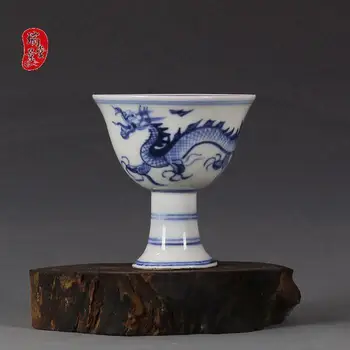 Китайски стара антични Порцеланова чаша МИНГ XUANDE BLUE & WHITE dragon С високо стъбло