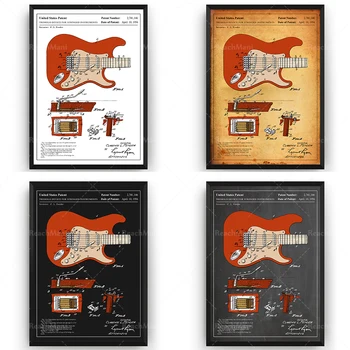 Fender Stratocaster 1954 Раскрашенная Китара Патент Печат Стенен Художествен Плакат Чертеж Подаръци
