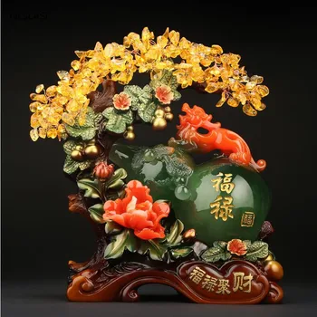 Фън шуй Смола тиква Фигурки Щастливо Пари Дърво Украса на Китайската Скулптура Занаяти Десктоп Изкуството на Украса на Дома за Офиса