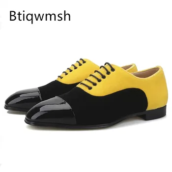 Жълти и черни обувки-лоферы, мъжки обувки на плоска подметка с шнур и остри пръсти, Мъжка Мода обувки за партита