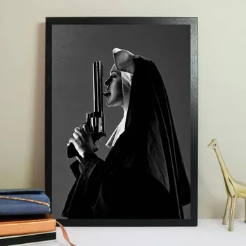 Готина Монахиня Убиец Реколта Черно-Бели Фото Арт Щампи Забавно Момиче Плакат Картина На Стената Декор Платно Картина За Хола