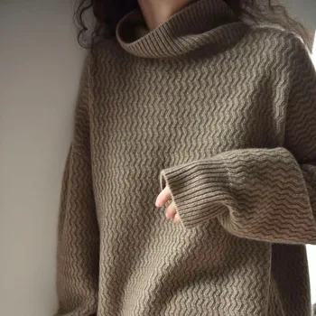 Вълнен пуловер с висока воротом, женски есенно-зимния нов пуловер от 100% чиста вълна с висока воротом, без мързелив Корейски загрята вязаный пуловер