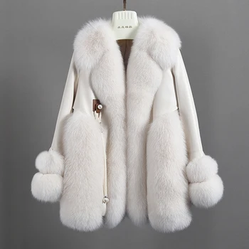 ZDFURS * Високо качество, Внесени Кожена кожено палто, от цели Лисьего Кожа, дамски Нова яке-пуховик от Агнешка кожа със средна дължина Haining, палто