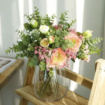 Изкуствена Роза Гипсофила Евкалипт Цветя направи си САМ Сватбена Украса Букет С Цветя Начало Декор Фалшив Цвете Снимка