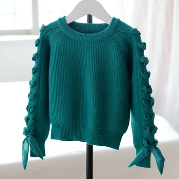2019 Есенно-зимния Нов Пуловер за момичета, Модни възли Пуловери за малки момичета, Обикновен Детски Основни Пуловери за момичета, #8131