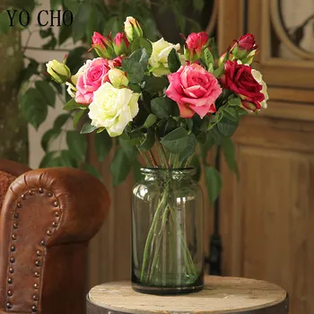 Букет Рози от Изкуствени Цветя на Божур DIY Червени Розови Истински Розови Рози Пластмасови Фалшиви Цветя Домашно Сватбена Украса на Масата