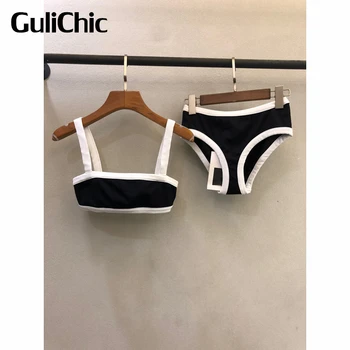 6,9 GuliChic Женски Секси Бански костюм За модния Подиум в Контрастен Цвят, Кратък Топ на Подтяжках + Гащи, Бикини, Комплект от 2 теми