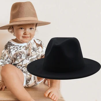 Новият Британски Стил, зимни Детски вълнени обикновен Класически филц шапки, панама, за Момчета и Момичета, джаз шапка с Широка периферия, Големи черни Филц шапки 52-54 СМ