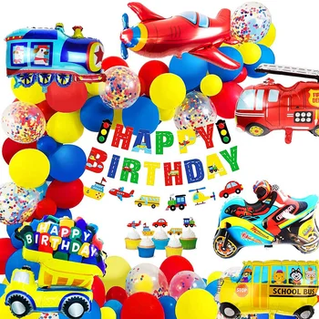 Украса за Рожден Ден за момчета, честит Рожден Ден Банер Автомобили Училищен Автобус Влак Пожарна Машина Мотоциклет Самолет Балони Превозни Средства