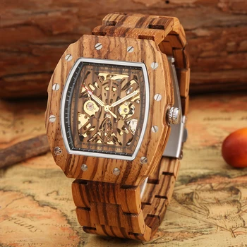 Дървени Механични Часовници за Мъже Дисплей Дървени Часовници за Мъже Гривна Автоматично Ръчен Часовник Творчески Мъжки Часовник Luxcury Подарък Reloj
