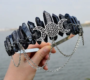 Натурален кристал черен многоцветен бял wicca вещица аксесоари верига короната превръзка на главата диадема аксесоари за коса подарък