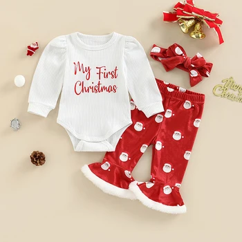 Моят 1-ви Комплект Коледни Панталони за малки момичета, Гащеризон с дълги ръкави и Писмото Принтом + Разкроена Панталони с Принтом Дядо Коледа + Превръзка на главата с Лък