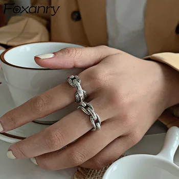 Foxanry Сребърен Цвят Дебели Халки на Веригата за Жени INS Модни Реколта пънк Тайландски Сребърни Бижута за Подаръци за Рожден Ден