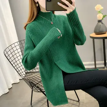 Пуловер, пуловер 2022, есенно-зимния пуловер със средна дължина, с високо воротом, пуловер, женски вязаный пуловер с дълги ръкави, жена