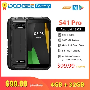 DOOGEE S41 Pro 4 GB 32 GB Издръжлив смартфон 6300 ма 5,5-Инчов IPS HD Екран, 13MP AI Тройната камера Android 12 NFC и 4G Мобилен телефон