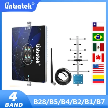 Lintratek quadband телефони Ретранслатор Клетъчни мрежи GSM 2G, 3G, 4G LTE 700 850 1700 1900 2100 2600 4G Усилвател на сигнала 70 db Комплект Усилватели