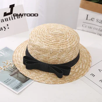 Продажба на едро на модната марка слънчеви плоска сламена шапка сламена шапка момичета лук летни шапки за жени и плажна Панама плоска сламена шапка уводна част фатален