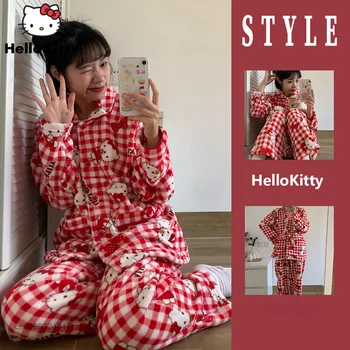 Sanrio на Hello Kitty Нов Червено Домашно Облекло в Клетката Y2k, Модерен Жилетка, Блузи, Панталони, Плюшен Пижами, Костюми, Дамски Дрехи За Сън, Комплекти от 2 теми