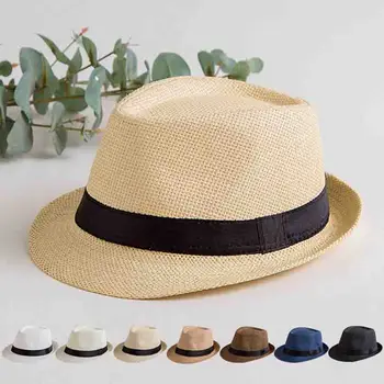 Однотонная Сламена шапка, дамска лятна шапка от Слънцето, Англия, Панама, Топ, Мъжки козирка, Детска градинска и плажна шапка, шапки за родители и деца, Джаз Шапка