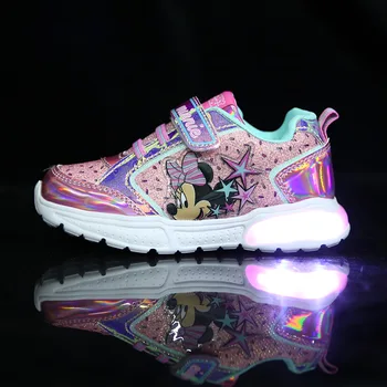 Детски ежедневни обувки с шарките на Мини маус от анимационен филм на Дисни, спортни обувки за момичета, ежедневни обувки с led светкавица, детски обувки принцеса Елза