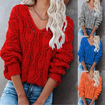 2022 есенно-зимния нов дамски ежедневни монофонични вязаный пуловер с V-образно деколте и дълъг ръкав, пуловер