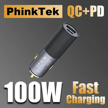 PhinkTek 100 W Супер Бързо Зареждане Зарядно за Кола Type C PD3.0 + USBA QC3.0 За iPhone Samsung iPad, MacBook pro Зарядно За Лаптоп Метален
