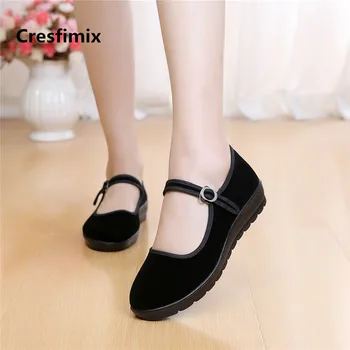 Cresfimix sapatos femininas дамски модни черна тъканно обувки на плоска подметка с тока и каишка, дамски сладката удобна танцови обувки в стил ретро, a462
