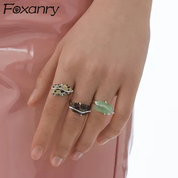 FOXANRY Сребърен Цвят Открити Пръстени за Жени Новите Модни Елегантни Прости Нередовни Цветни Камъни, Вечерни Бижута Подаръци За Рожден Ден