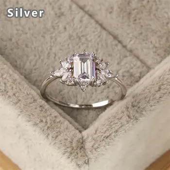 Горещи продажба на европейската и на американската мода 925 сребро благородна пръстен от платина циркон цвете квадратен кристал бижута подарък