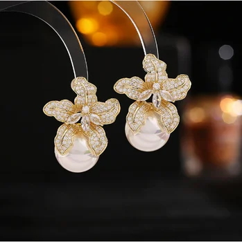 s925 сребърна игла леки луксозни обеци, обеци с лилия елегантен темперамент цвете перлени обеци