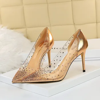 2023 г. Пролетта на Луксозни Дамски обувки за сватба-лодка на висок ток 8,5 cm, Прозрачни обувки-лодка от Розово Злато, Сребърни Обувки-лодки, Официалната Сватбени Обувки