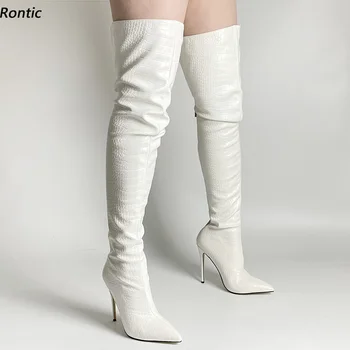 Rontic/модни дамски зимни ботуши до бедрата, чубрица, цип отзад, На висок ток с остър пръсти, елегантни бели вечерни обувки, размер САЩ 5-15