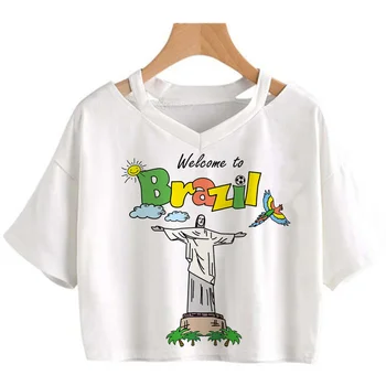 тениска с флага на Бразилия дрехи дамски harajuku двойка ulzzang тениска съкратен топ harajuku harajuku kawaii