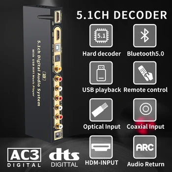 5.1 Аудио Декодер Bluetooth 5.0 КПР DTS на AC3 FLAC 4K * 2K HDMI-съвместим Дъга, аспиратор Конвертор и Сплитер SPDIF Коаксиален HD815BT
