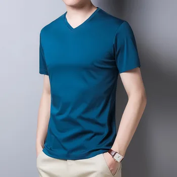 Лятна мъжка тениска от двойно мерсеризованного памук на средна възраст с V-образно деколте и Къси ръкави, Однотонная Ежедневни мъжки t-shirt в корейски стил