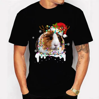 Брандираната мъжка тениска, памучен Забавна Тениска с Принтом Морски Свинчета, Мъжка тениска с Кръгло деколте, на Коледен Елен с Шапка, Извънгабаритни мъжки Тениски